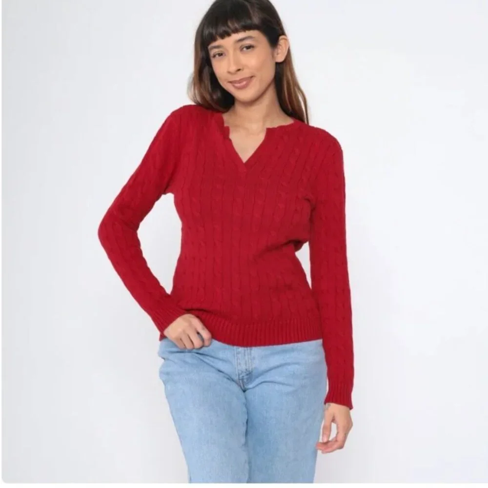 Lauren Ralph Lauren Vintage‎ Y2K100% Cotton Cable Knit Sweater In Red Size L